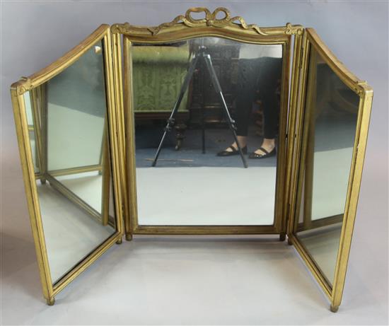A Victorian gold painted triptych dressing table mirror 2ft 8in. x 4ft 7in.